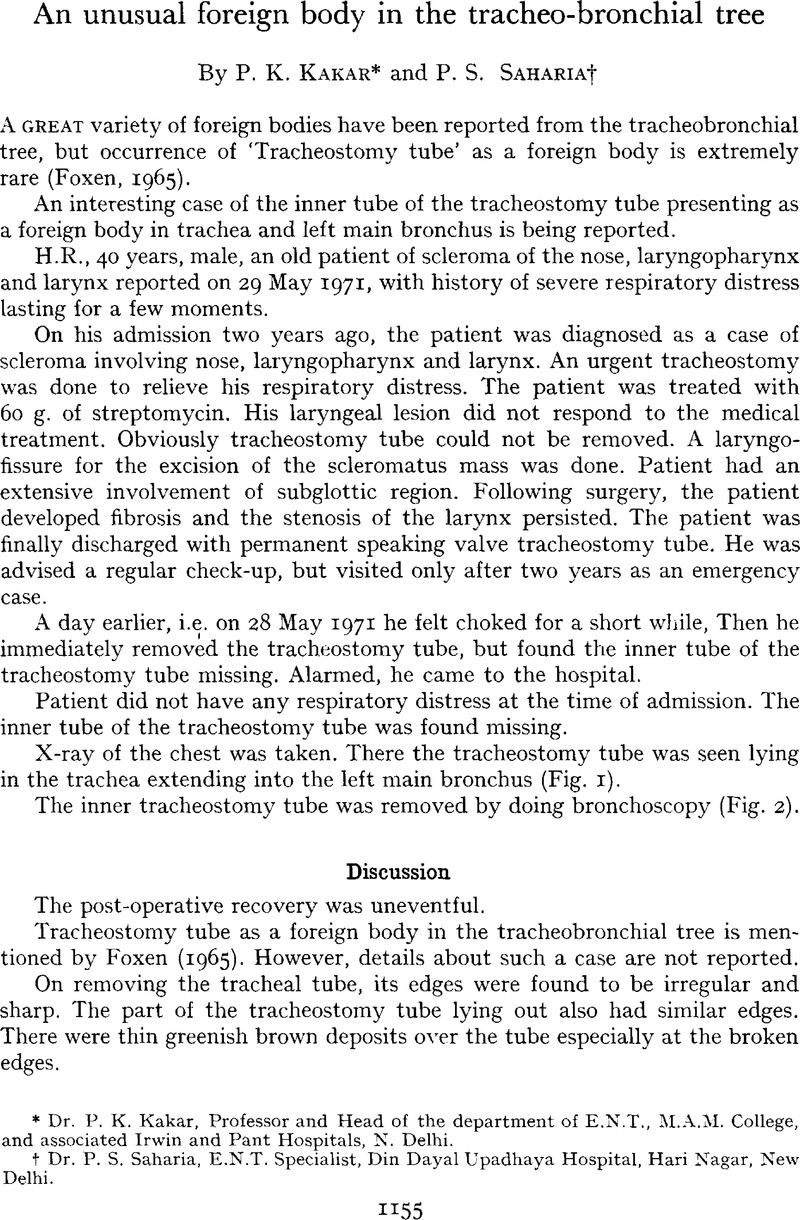 An Unusual Foreign Body In The Tracheo Bronchial Tree The Journal Of Laryngology And Otology 5086