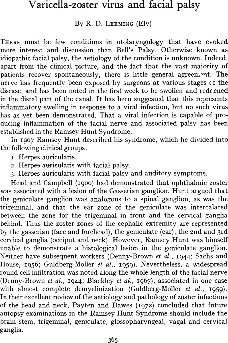 Varicella-zoster virus and facial palsy | The Journal of Laryngology ...