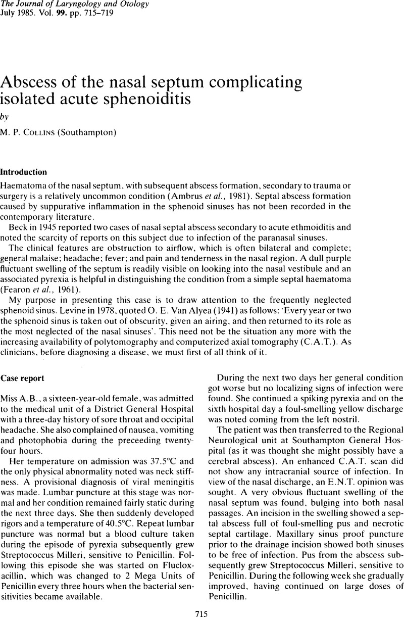 Abscess Of The Nasal Septum Complicating Isolated Acute Sphenoiditis The Journal Of