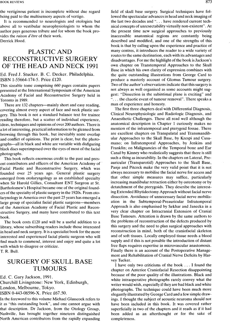 Surgery Of Skull Base Tumours Ed. C. Gary Jackson, 1991. Churchill 
