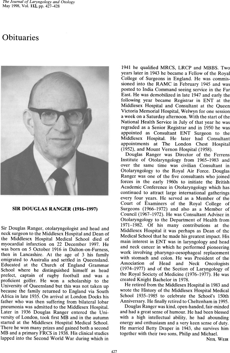 Sir Douglas Ranger (1916–1997) | The Journal of Laryngology & Otology ...