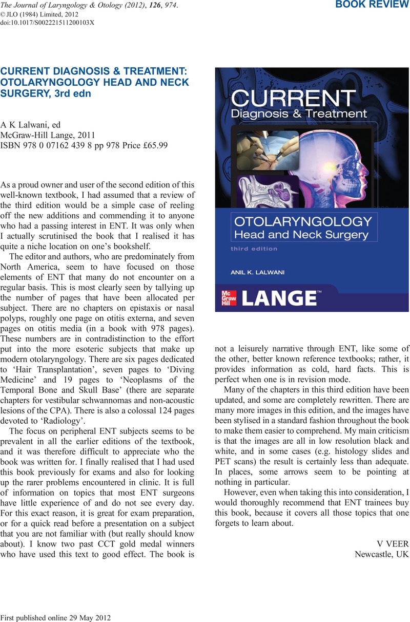 CURRENT DIAGNOSIS & TREATMENT: OTOLARYNGOLOGY HEAD AND NECK SURGERY ...