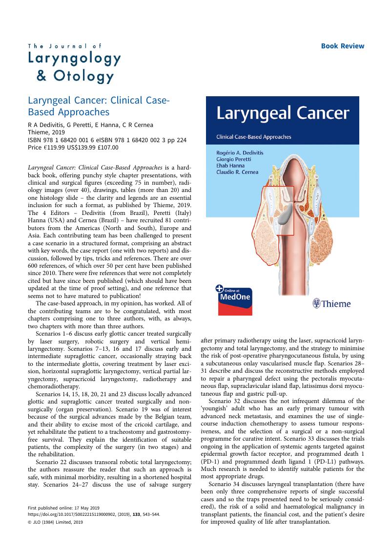 Laryngeal Cancer: Clinical Case-Based Approaches R A Dedivitis, G ...