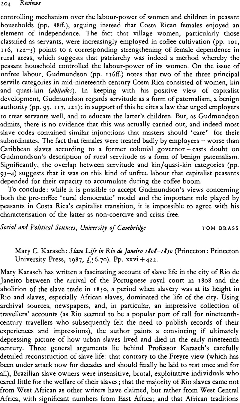 Mary C. Karasch: Slave Life in Rio de Janeiro 1808–1850 (Princeton ...