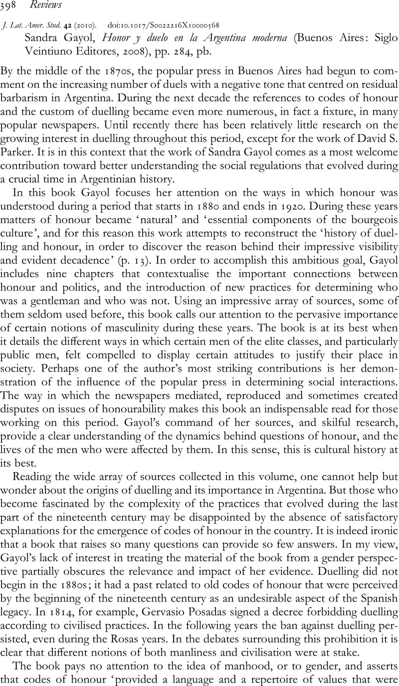 Sandra Gayol, Honor y duelo en la Argentina moderna (Buenos Aires ...