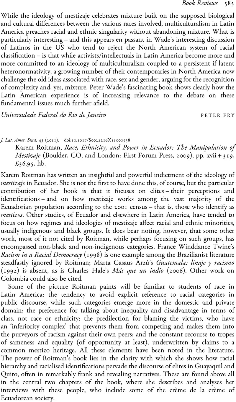 Karem Roitman, Race, Ethnicity, and Power in Ecuador: The Manipulation ...