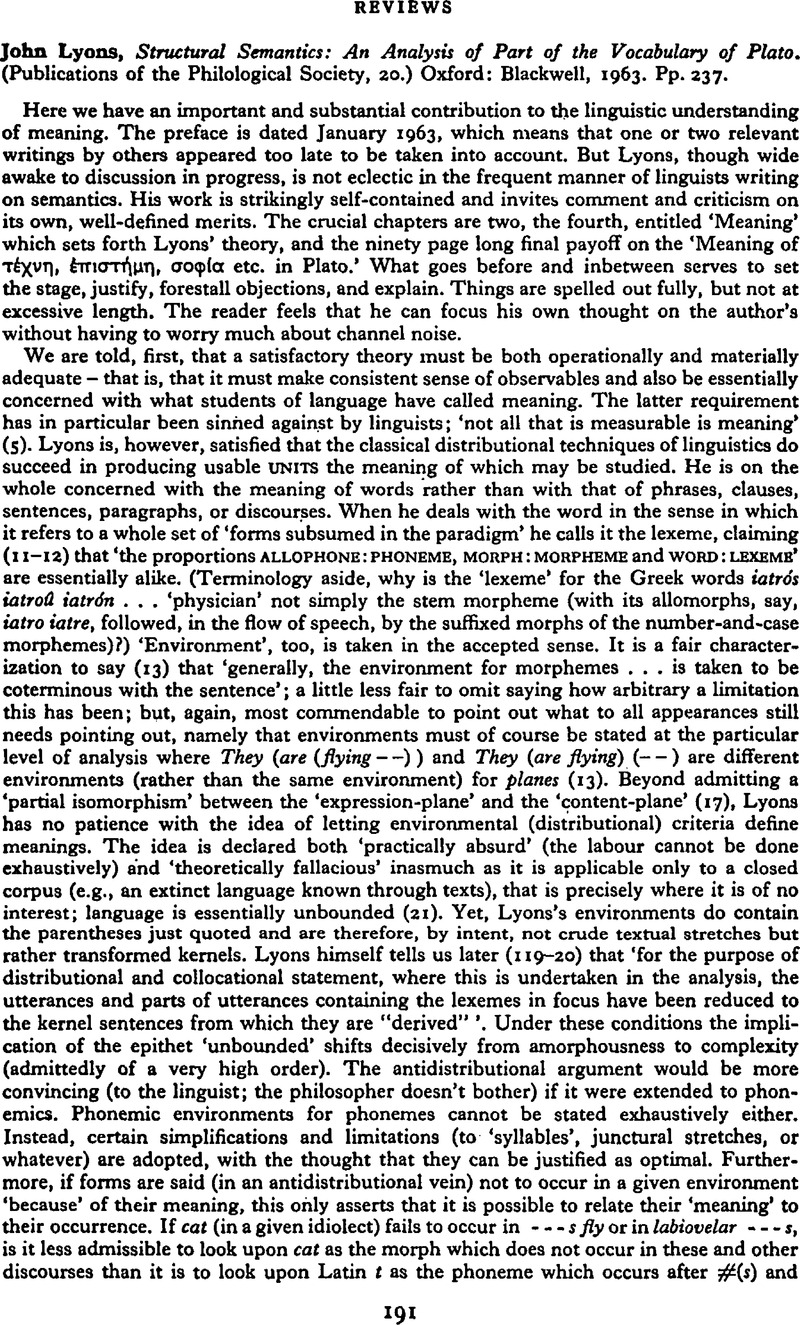 John Lyons, Structural Semantics: An Analysis of Part of the John Lyons, Structural Semantics: An Analysis of Part of the