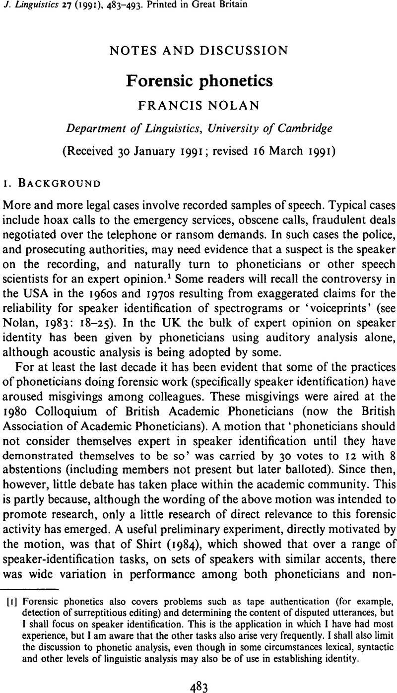 Forensic Phonetics | Journal Of Linguistics | Cambridge Core