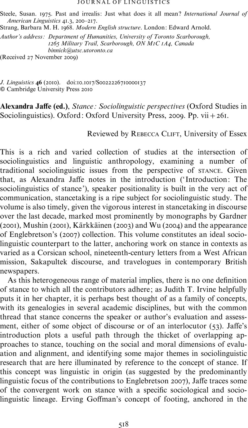 REVIEWS Alexandra Jaffe (ed.), Stance Sociolinguistic