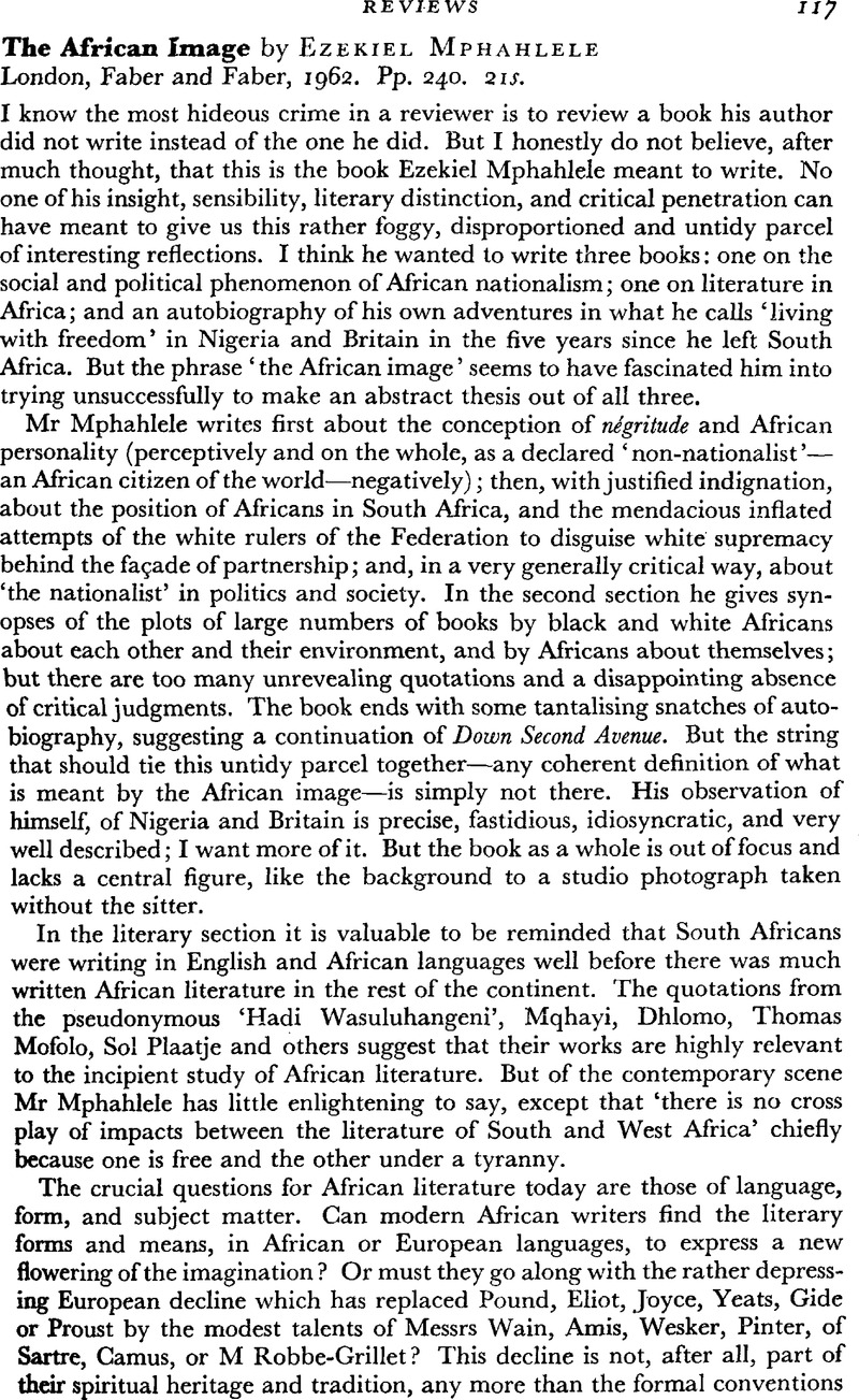 The African Image by Ezekiel Mphahlele London, Faber and Faber, 1962 ...