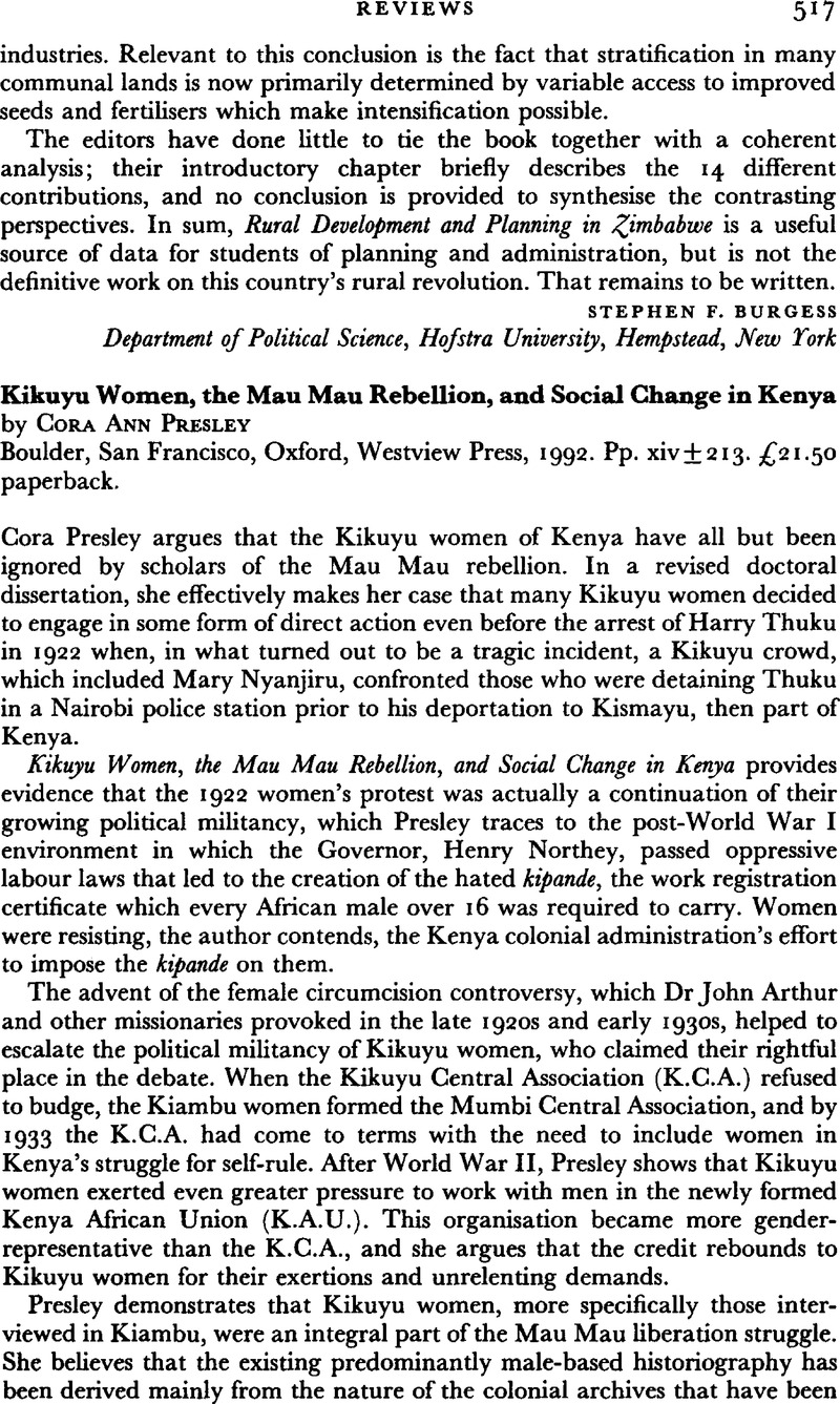 Kikuyu Women, the Mau Mau Rebellion, and Social Change in Kenya by