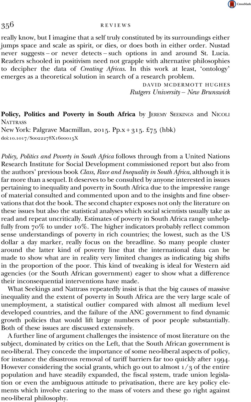 Policy, Politics and Poverty in South Africa