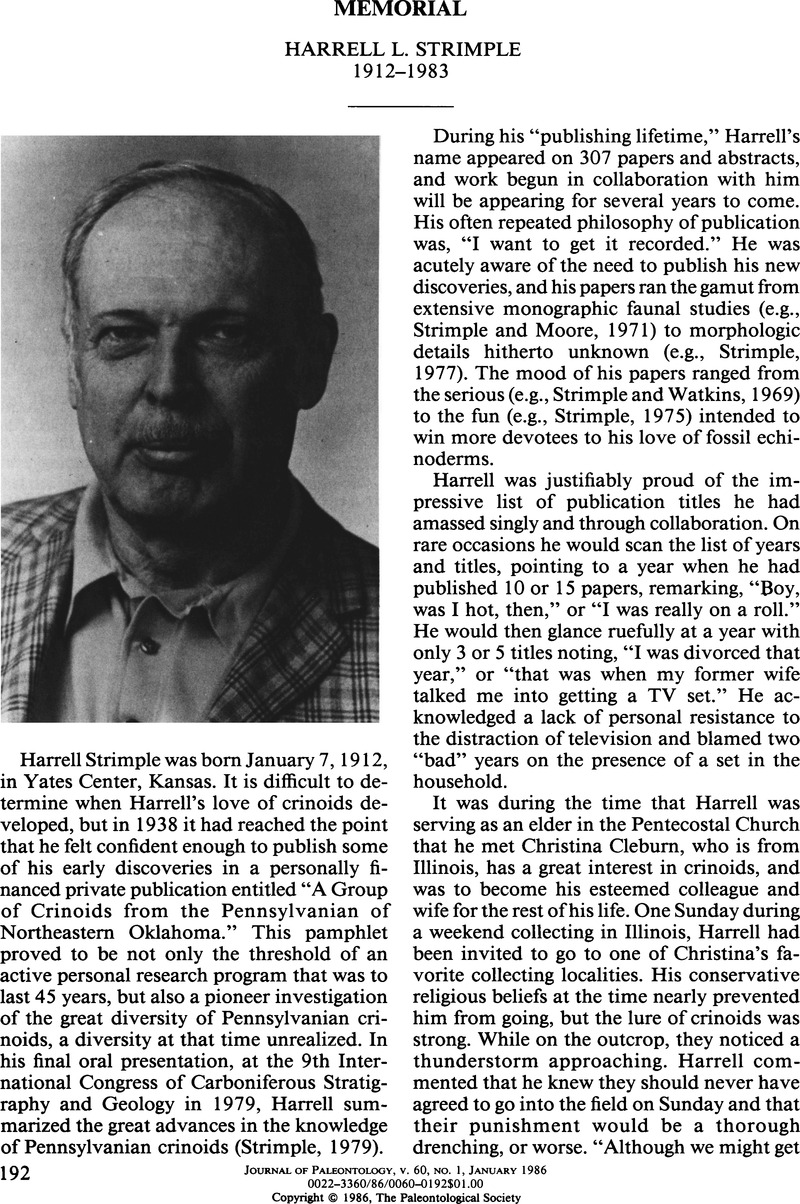 Harrell L. Strimple 1912-1983 | Journal of Paleontology | Cambridge Core