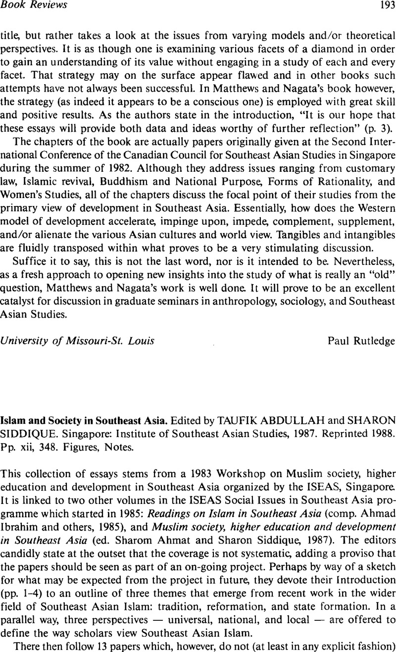 Southeast Asia - Islam and Society in Southeast Asia. Edited by Taufik ...