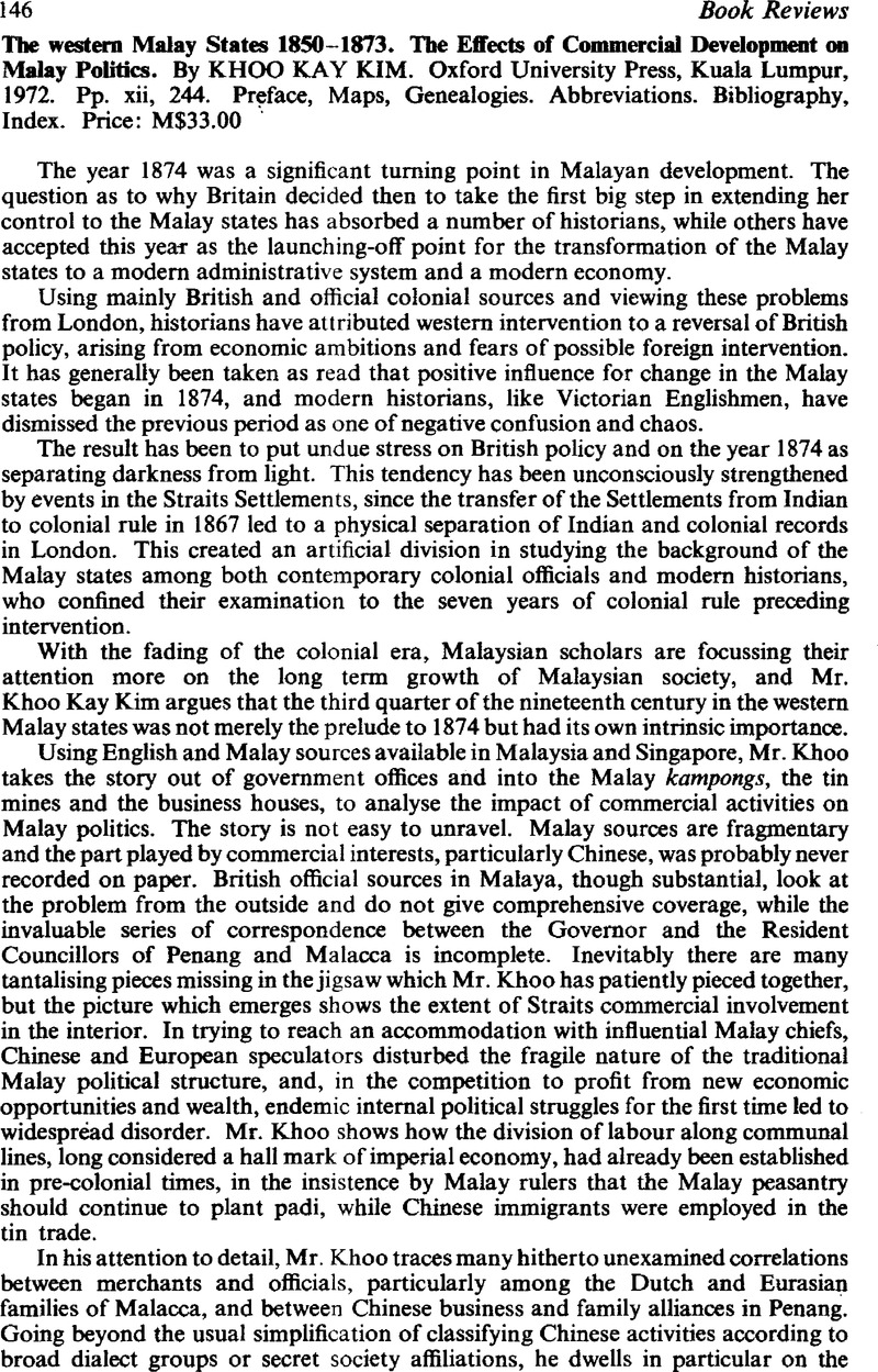 The western Malay States 1850–1873. The Effects of Commercial Development  on Malay Politics. By Khoo Kay Kim. Oxford University Press