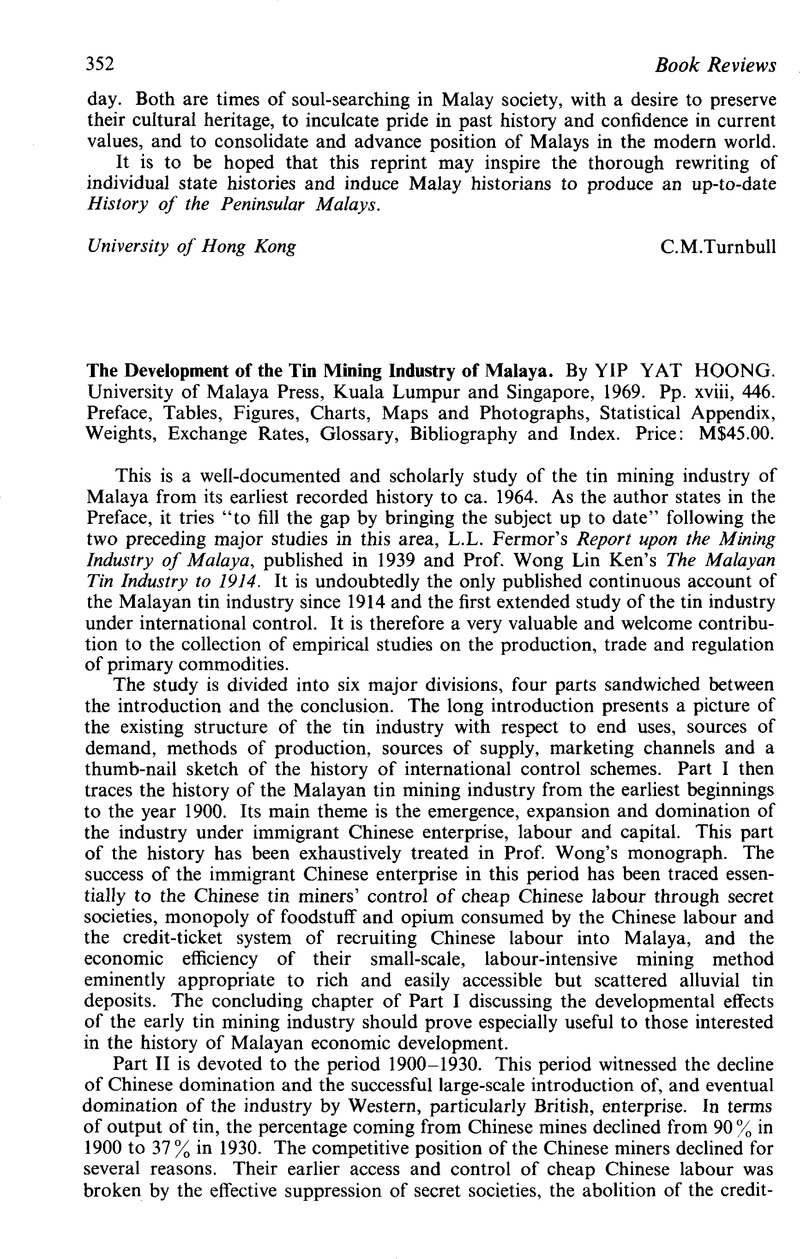 The Development of the Tin Mining Industry of Malaya. By Yip Yat Hoong ...