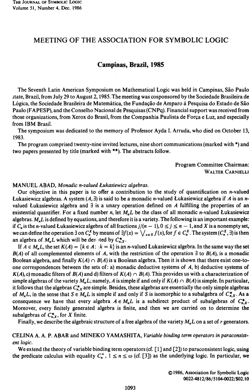 Meeting Of The Association For Symbolic Logic, Campinas, Brazil, 1985 ...