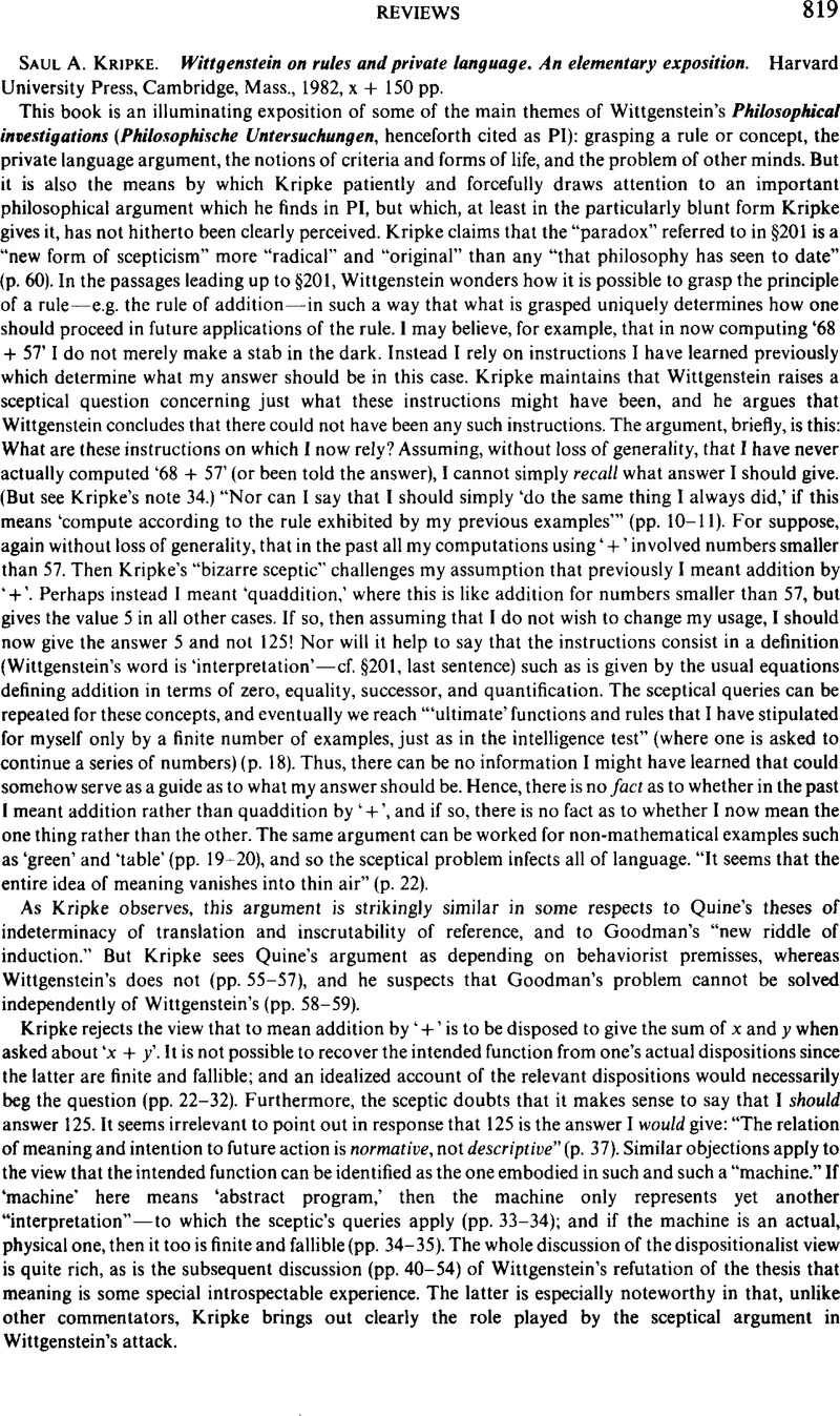 Saul A. Kripke. Wittgenstein on rules and private language. An ...