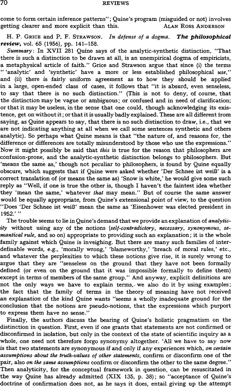 H. P. Grice and P. F. Strawson. In defense of a dogma. The ...