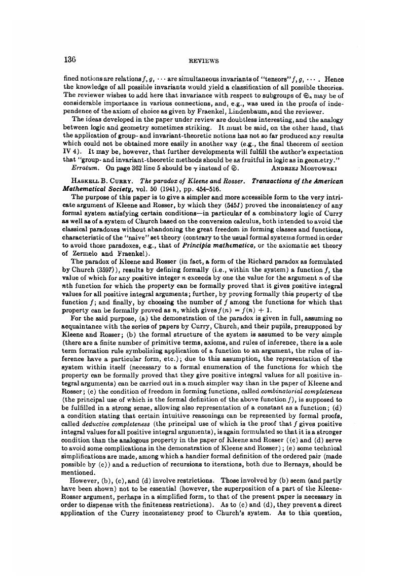 Haskell B. Curry. The Paradox Of Kleene And Rosser. Transactions Of The ...