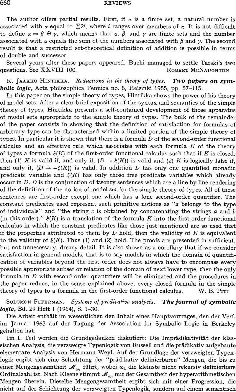 K. Jaakko Hintikka. Reductions in the theory of types. Two papers on ...