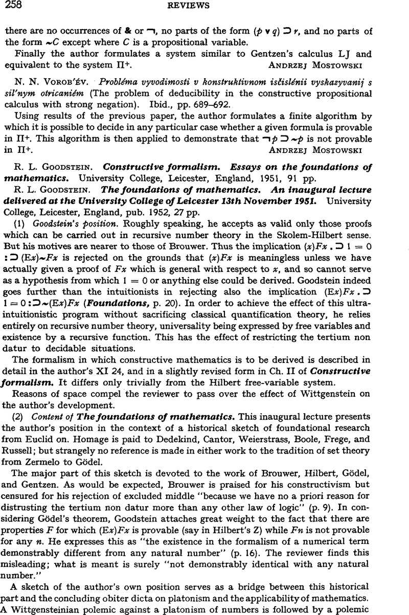 R. L. Goodstein. Constructive formalism. Essays on the foundations