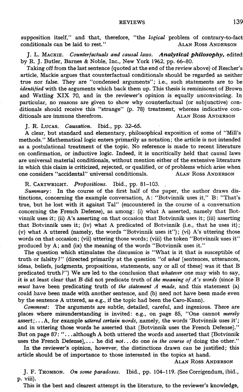 J.F. Thomson. On some paradoxes. Analytical philosophy, edited by R. J ...