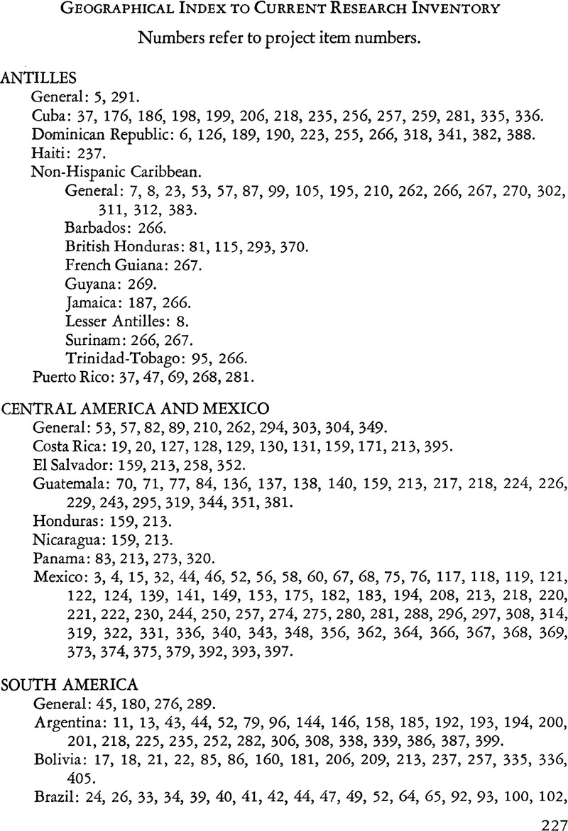 Geographical Index to Current Research Inventory | Latin American