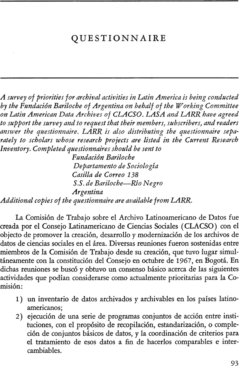 Latin Questionnaire Example Questionnaire | Latin American Research Review | Cambridge Core