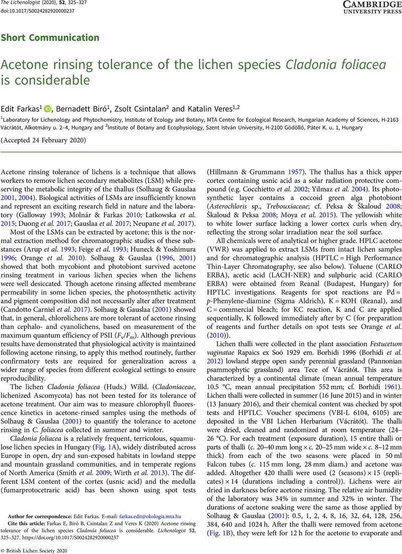 Acetone rinsing tolerance of the lichen species Cladonia foliacea is ...