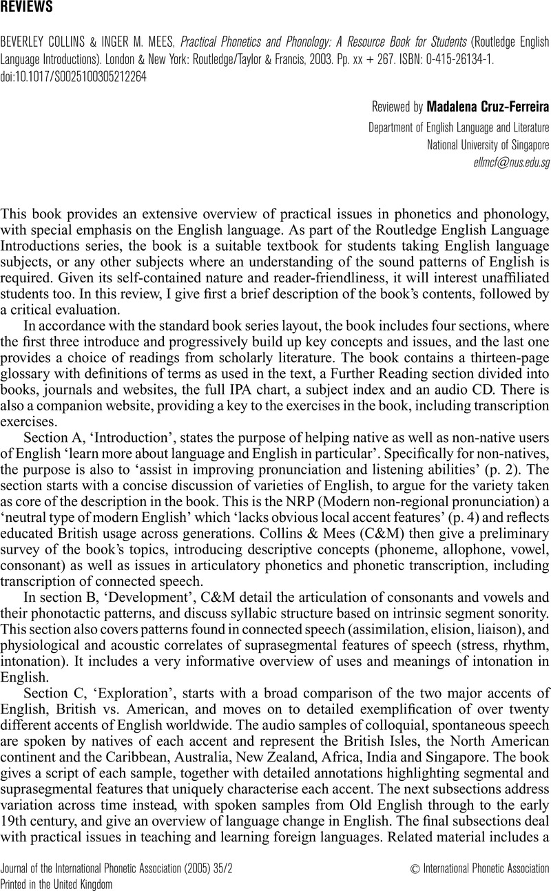 BEVERLEY COLLINS & INGER M. MEES, Practical Phonetics and