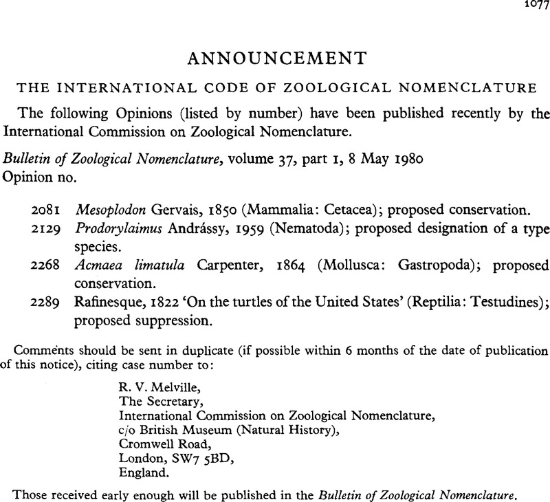 The International Code Of Zoological Nomenclature | Journal Of The ...