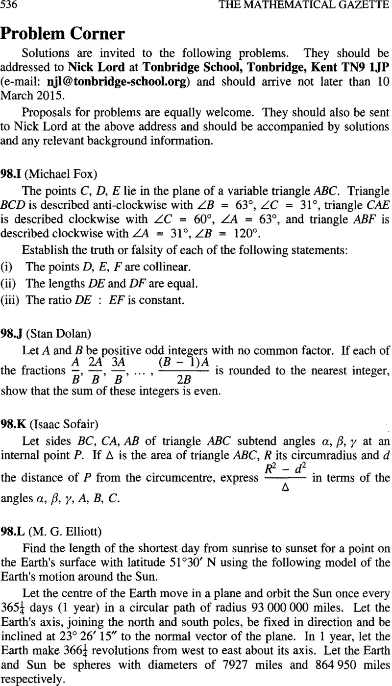 Problem Corner | The Mathematical Gazette | Cambridge Core