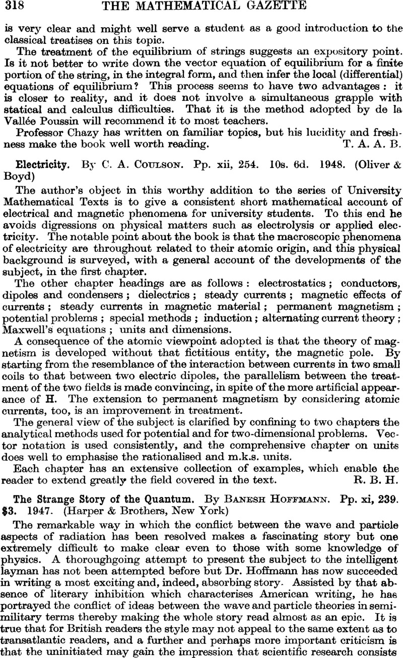 Electricity. By C. A. Coulson. Pp. xii, 254. 10s. 6d. 1948. (Oliver ...