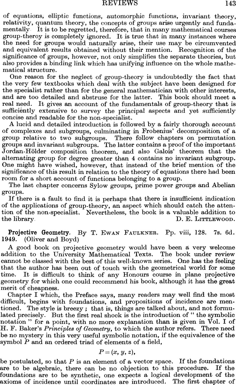 Projective Geometry, By T. Ewan Faulkner. Pp. viii, 128. 7s. 6d. 1949 ...