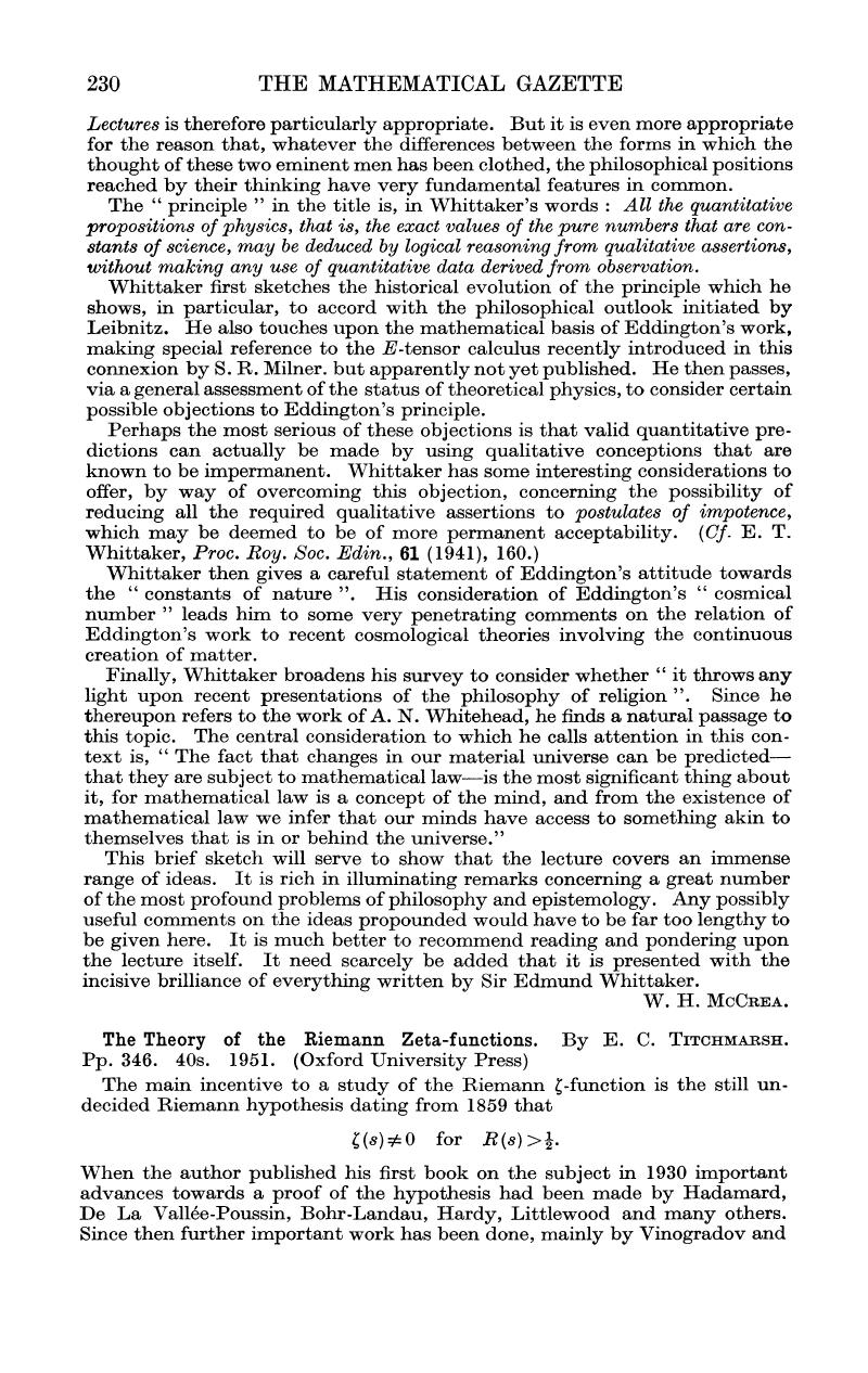 The Theory of the Riemann Zeta-functions. By E. C. Titchmarsh Pp ...