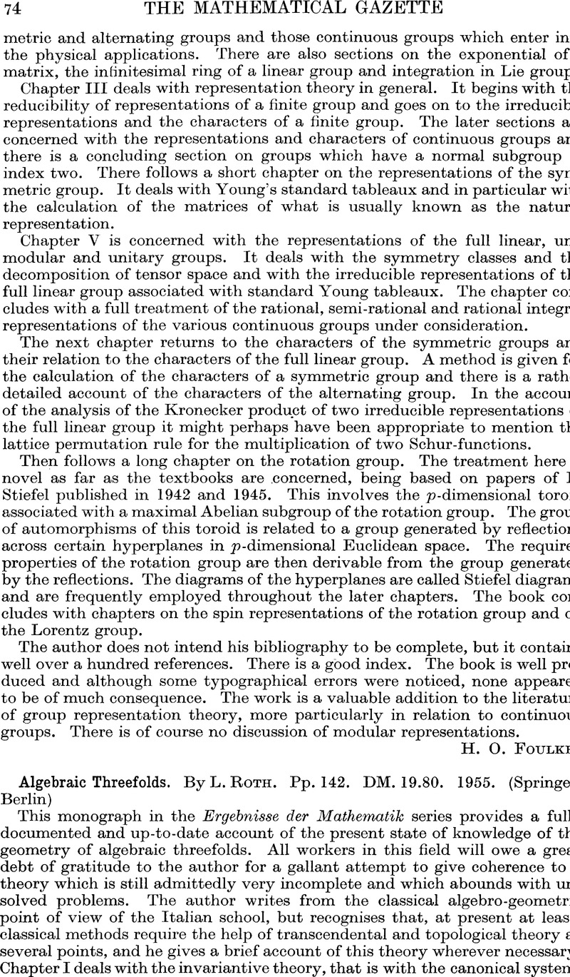 Algebraic Threefolds. By L. Roth. Pp.142. DM. 19.80. 1955. (Springer ...