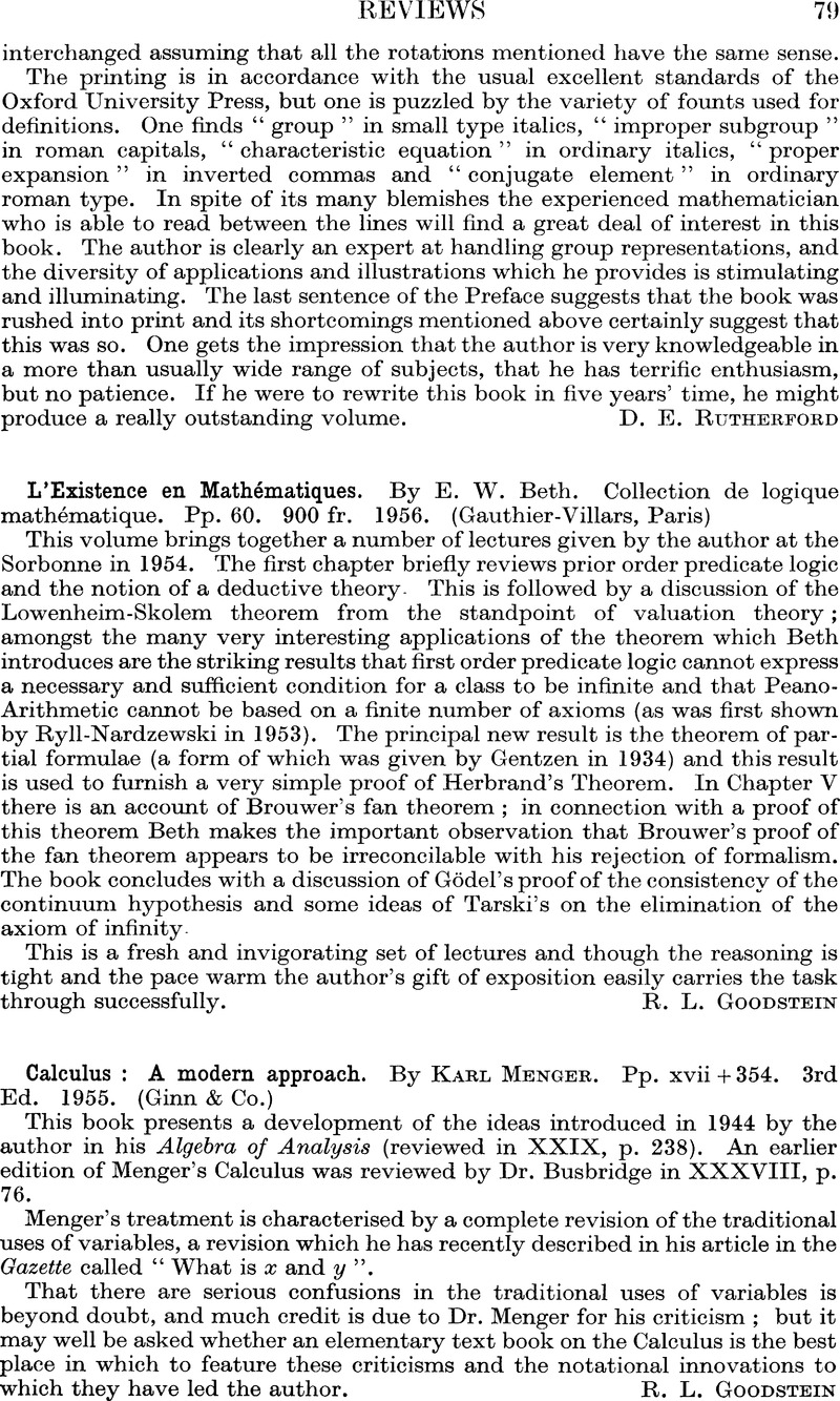 L’Existence en Mathématiques. By E. W. Beth. Collection de logique ...