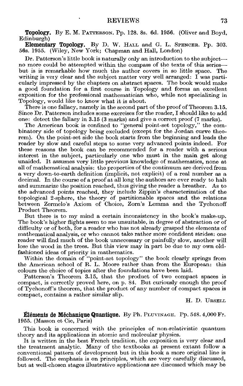 Topology. By E. M. Patterson. Pp. 128. 8s. 6d. 1956. (Oliver and Boyd ...