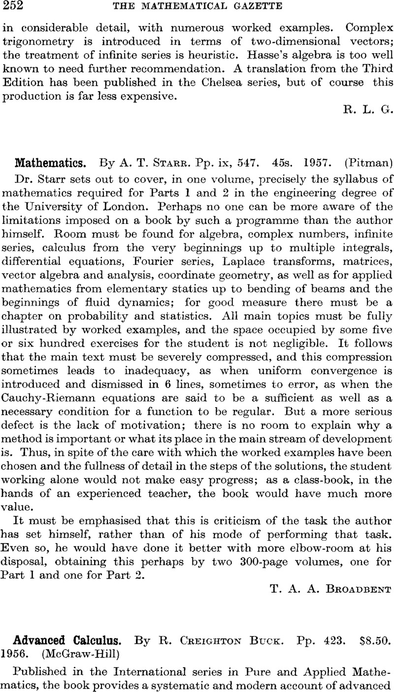 Advanced Calculus. By R. Creighton Buck. Pp. 423. $8.50. 1956