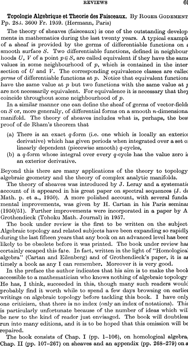 Topologie Algebrique et Theorie des Faisceaux. By Roger Godement. Pp ...