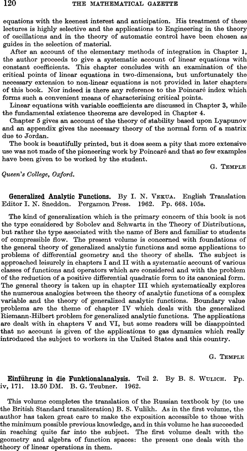 Generalized Analytic Functions. By I. N. Vekua. English Translation ...