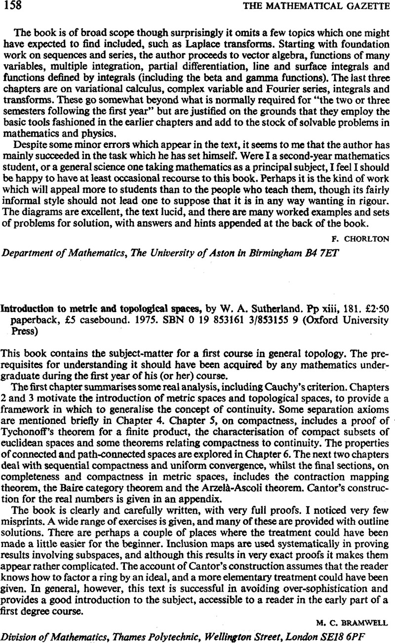 Introduction to metric and topological spaces, by W. A. Sutherland. Pp ...