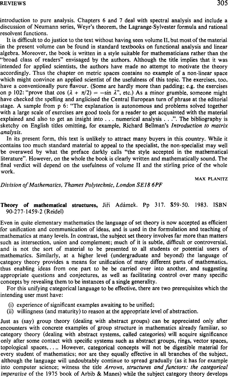 Theory of mathematical structures, Jiří Adámek. Pp 317. $59·50. 1983 ...