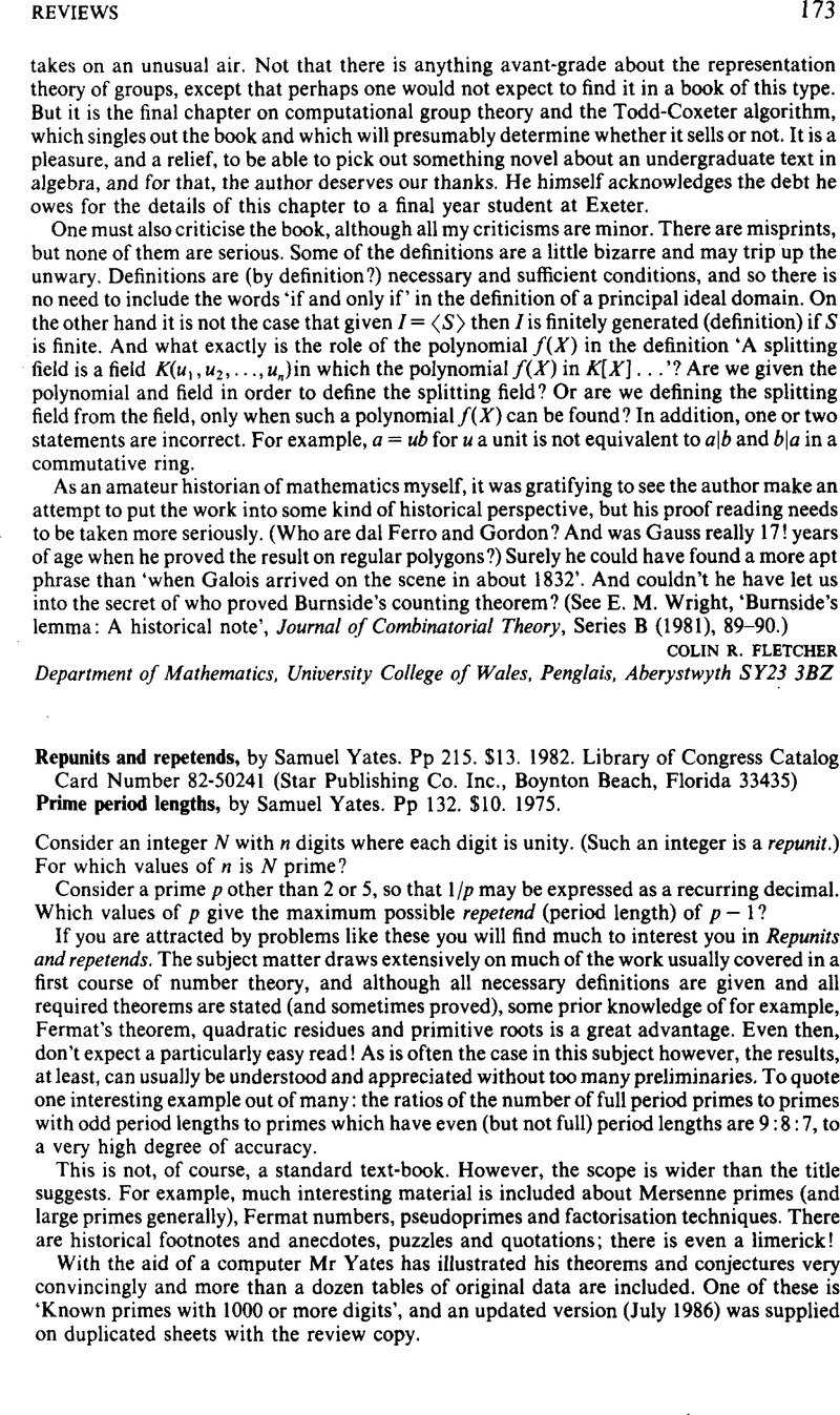 Repunits and repetends, by Samuel Yates. Pp 215. $13. 1982. Library of ...