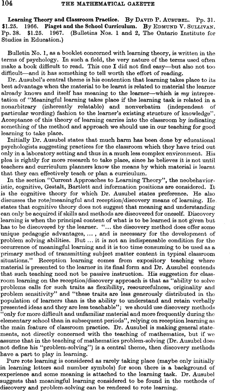 Learning Theory and Classroom Practice. By David P. Ausubel. Pp