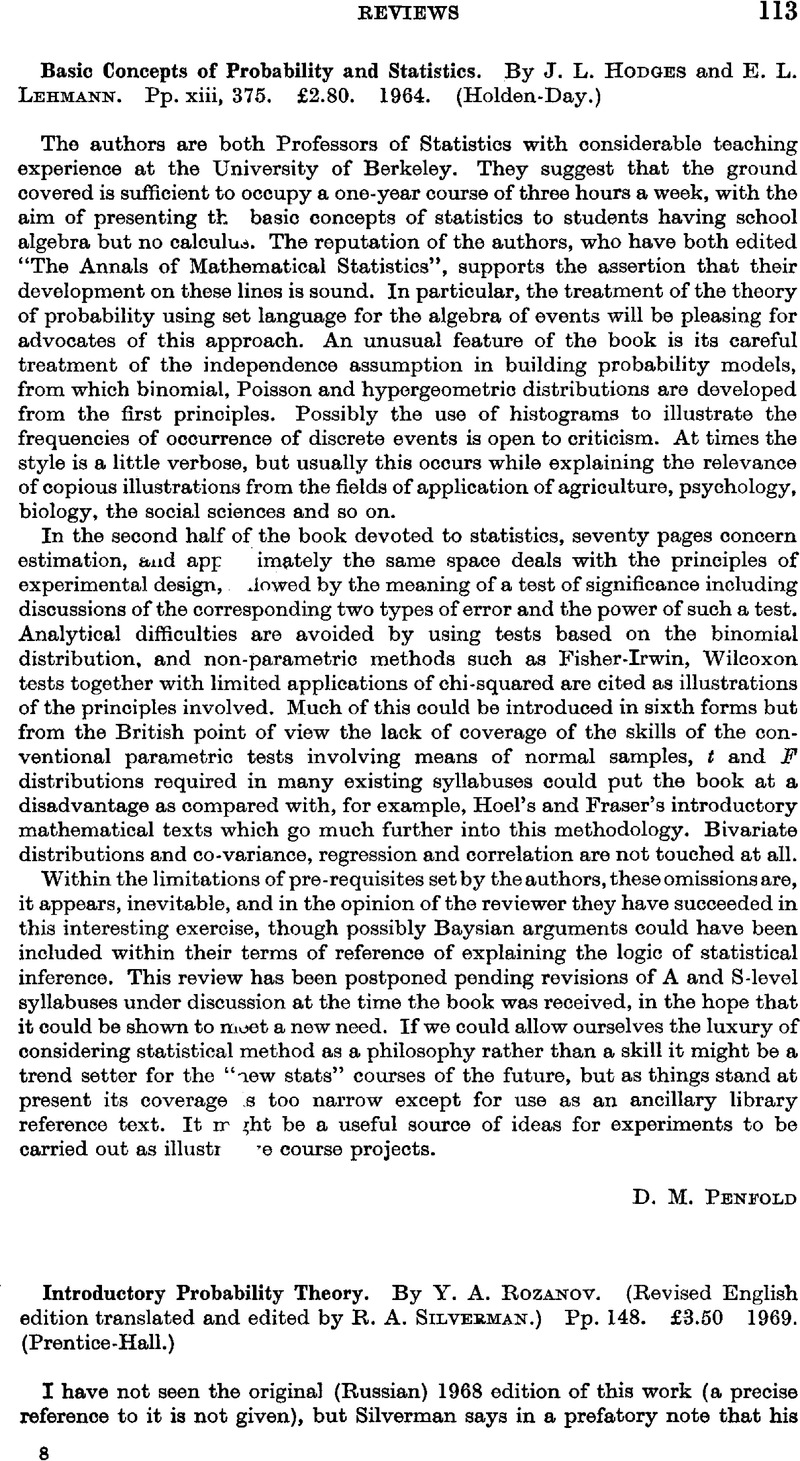 Basic Concepts of Probability and Statistics. By J. L. Hodges and