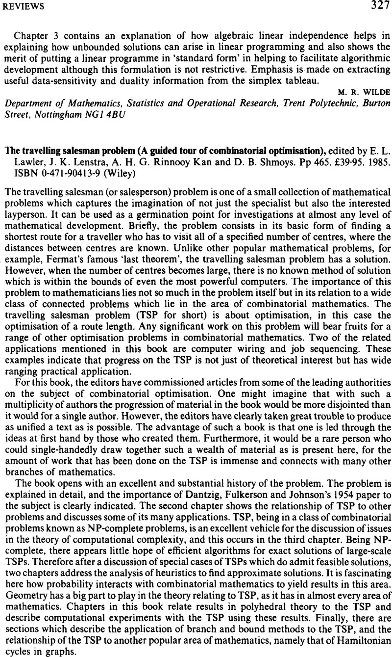 The travelling salesman problem (A guided tour of combinatorial