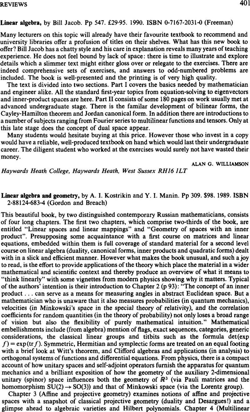 Linear Algebra And Geometry, By A. I. Kostrikin And Y. I. Manin. Pp 309 