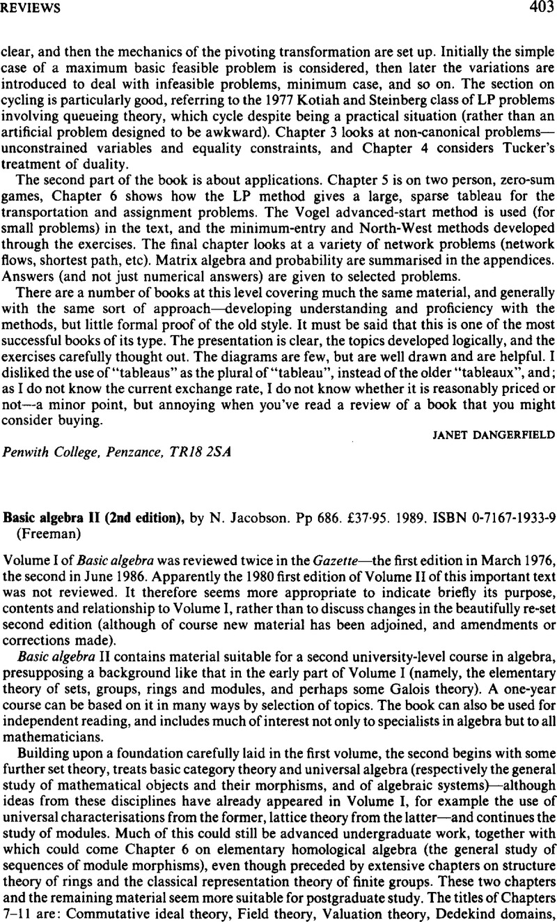 Basic algebra II (2nd edition), by N. Jacobson. Pp 686. £37·95. 1989 ...